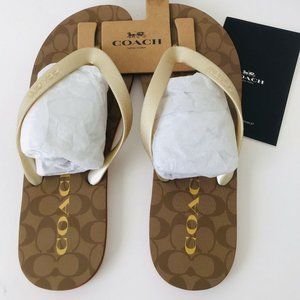 NEW Coach Zak Signature Flip Flops Sandals khaki Gold Select Size- 8 NWT